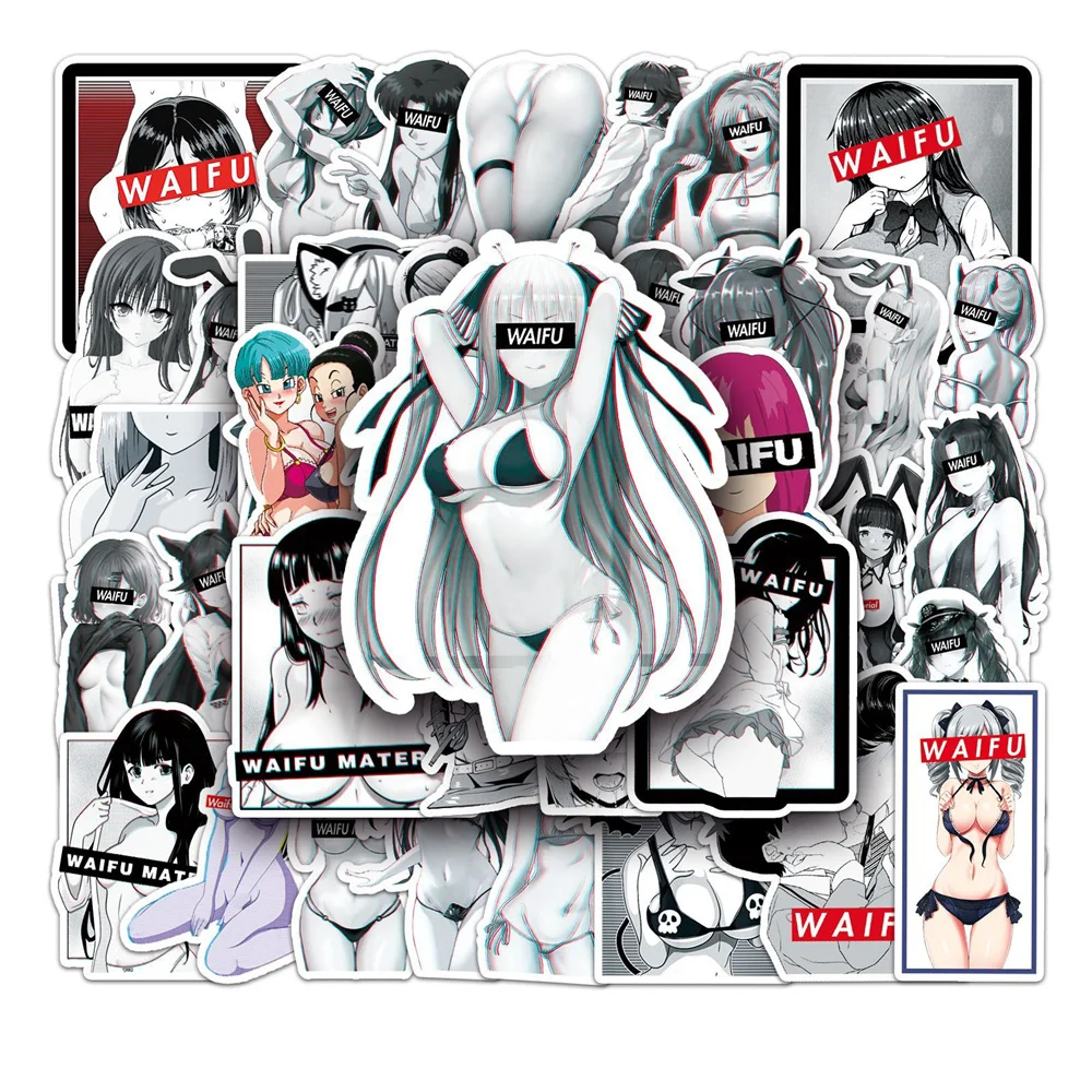 50PCS New Waifu Black And White Sexy Girl Hentai Bikini Sticker For Otaku Adult Phone Laptop Ipad Pvc Stickers