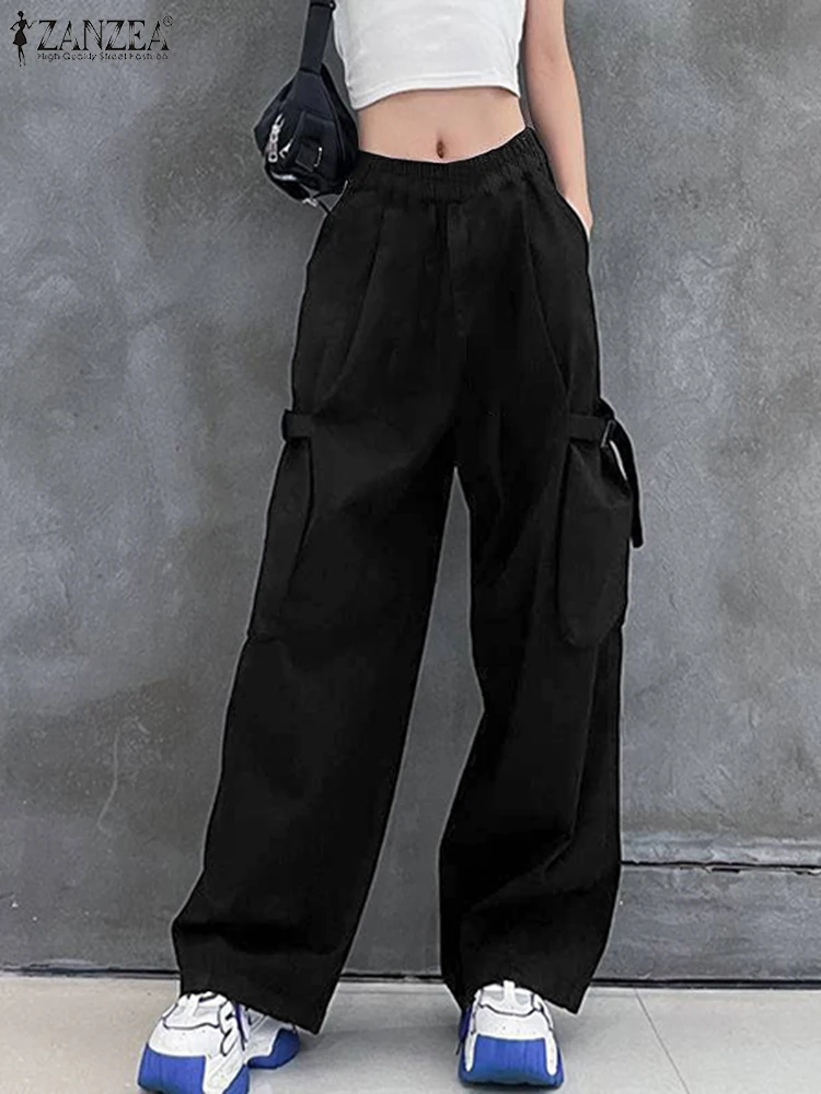 

ZANZEA Casual Elastic Waist Bottoms Women Cargo Pants Korean Fashion Solid Color Work Trouser Holiday Wide Leg Long Pantalons