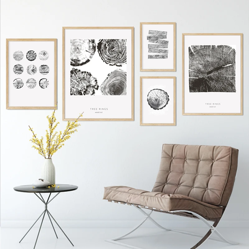 Cincin pohon kanvas potong kayu Poster seni cetak garis abstrak hitam putih gambar dinding dekoratif lukisan Nordic ruang tamu Modern