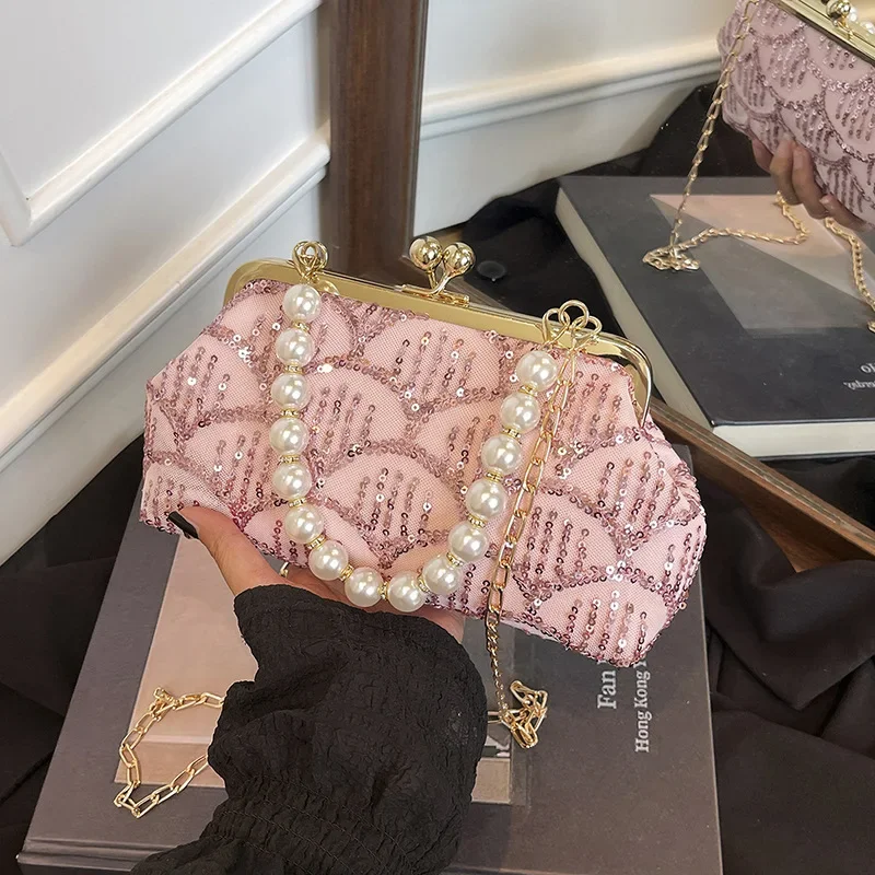 

Women's Chinese Style Cheongsam Crossbody Bag with Clip Chain Pearl Detailing Shell Handbag