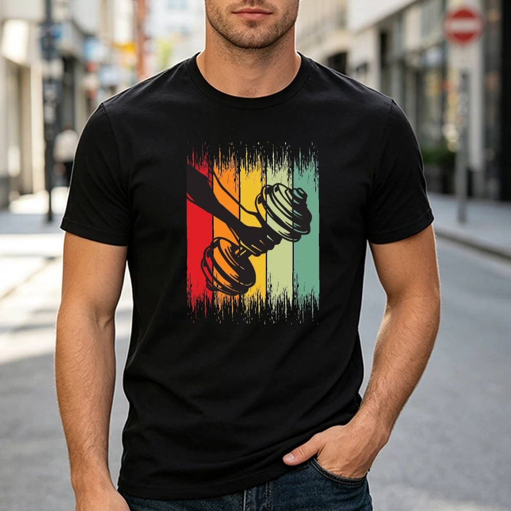 Retro Dumbbell Fitness Graphic Black Tee Gym Weightlifting Men Top Sport Workout Shirt Strong Bodybuilding Casual Summer Tees