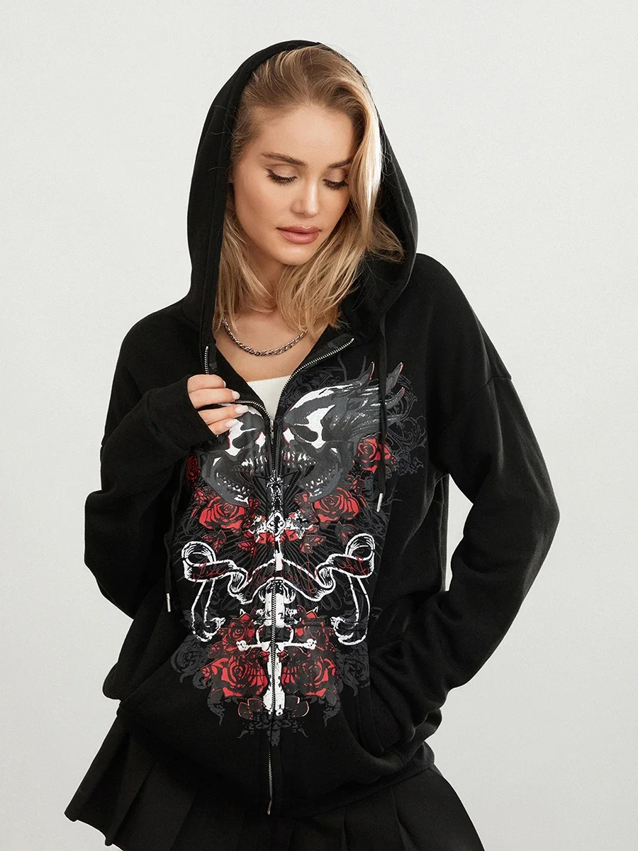 Women Gothic Graphic Print Zip Up Hoodie Indie Aesthetic Grunge Vintage Baggy Sweatshirt Korean Harajuku Goth Mall Emo Jacket