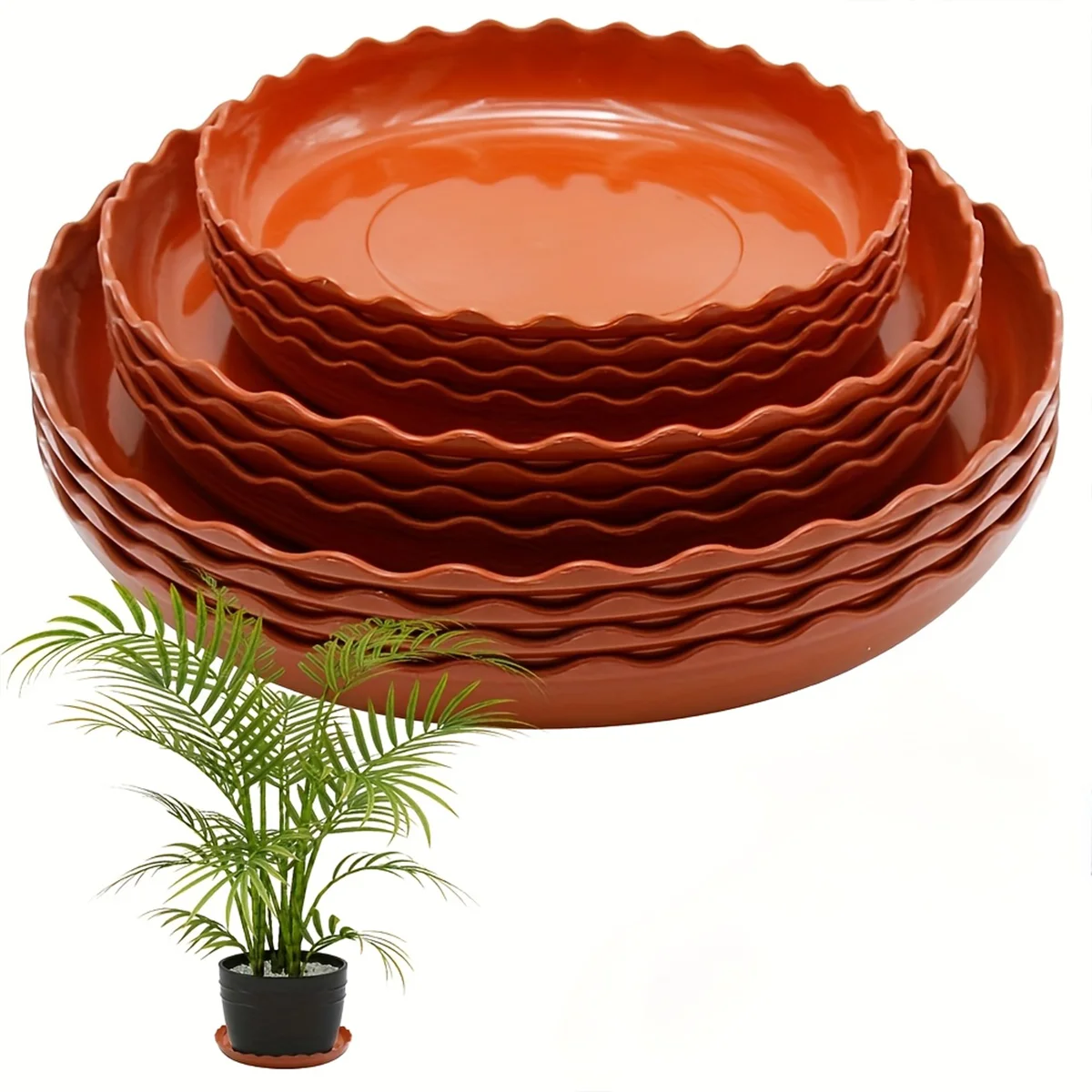 Drip Tray Saucer - 波型縁の植木鉢底皿 – 厚みのある丸型プラスチック製水受け皿（テラコッタ色）– 屋内・屋外の鉢植えに最適