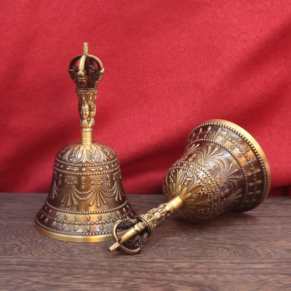 

Brass Hand Cranked Bell Hand-held Six Character Mantra Bell Portable Handicraft Ornament Percussion Musical Instruments
