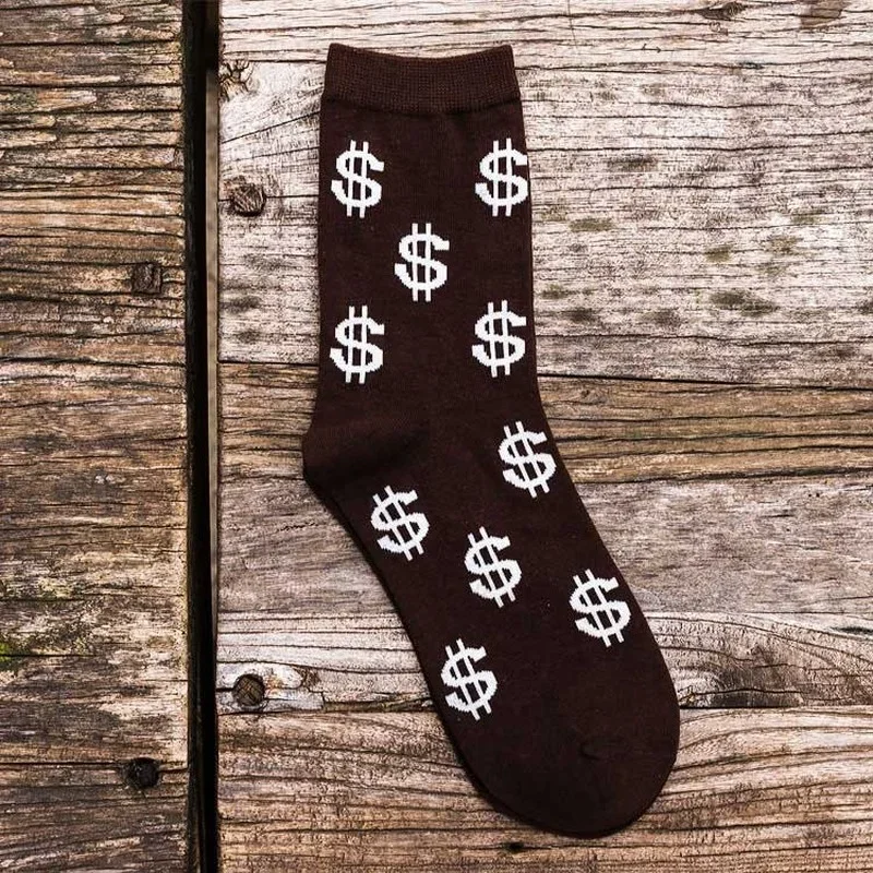 New Hot Fashion Spring Autumn Men Socks Dollar Symbol Printed Comfortable Breathable Absorb Sweat Anti-slip Man Middle Long Sock