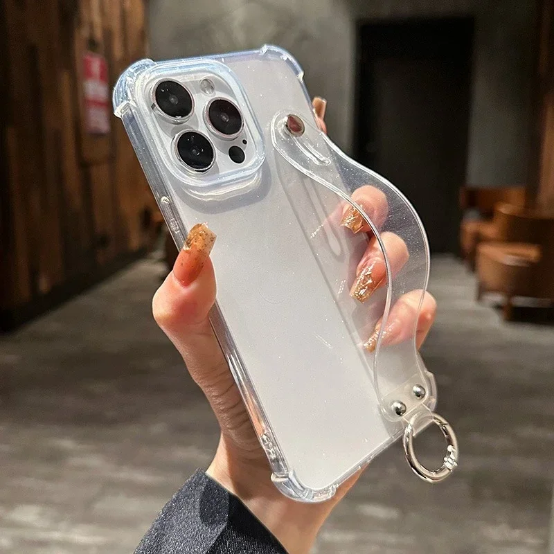 

Luxury Transparent Glitter Wrist Strap Phone Case For iPhone Stand Clear Shockproof Cover