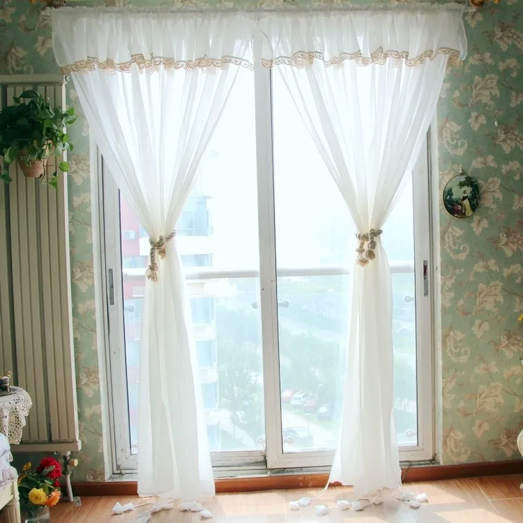 Country pastoral comes with lace edge small curtain head drawstring curtain water wave curtain single-layer gauze curtain white