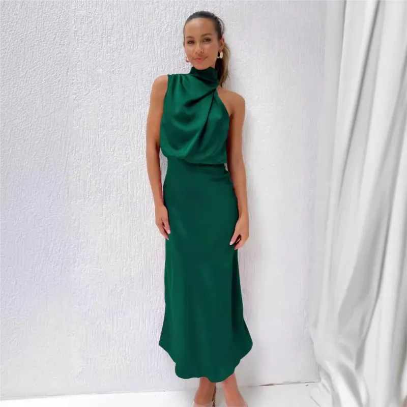 

2025 Summer Solid Color Satin Dress Sleeveless Cold Shoulder Halter Sexy Evening Party Dresses For Women New Club Skinny Robe