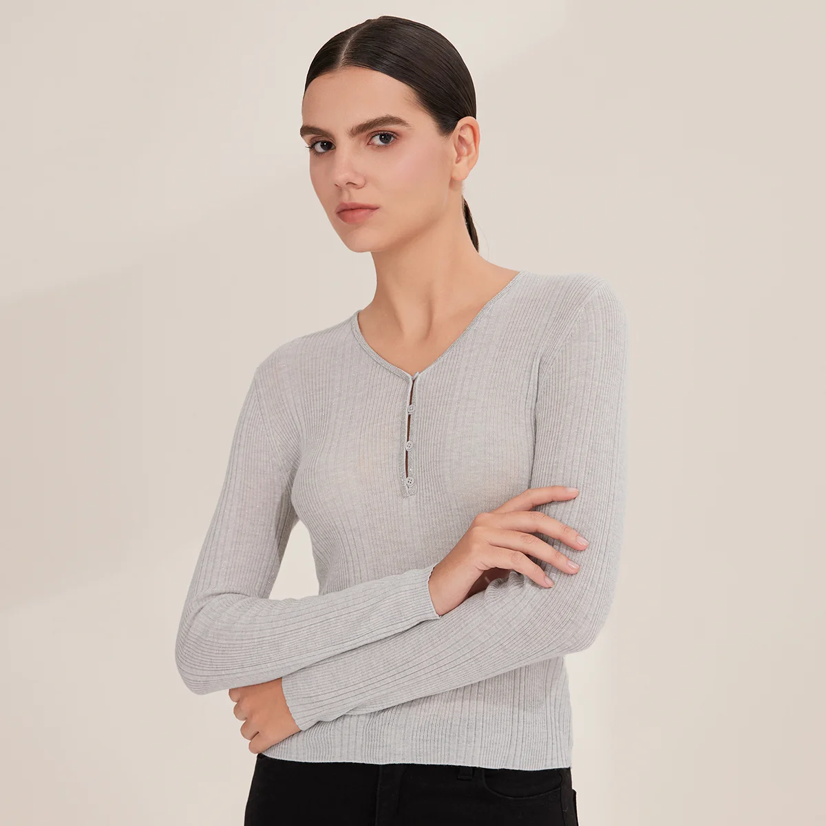 

BY3521219 Women's Ribbed Wool Blend Sweater V-Neck Pullover Long Sleeve Fall Fashion for Ladies