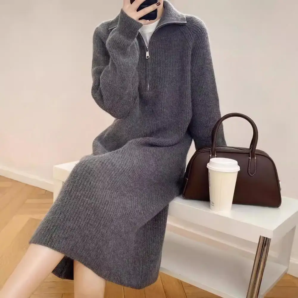 Women Sweatshirt Dress Cozy Winter Sweater Dress with Zippered Turn-down Collar Long Sleeves Striped Texture Loose Knitted for A