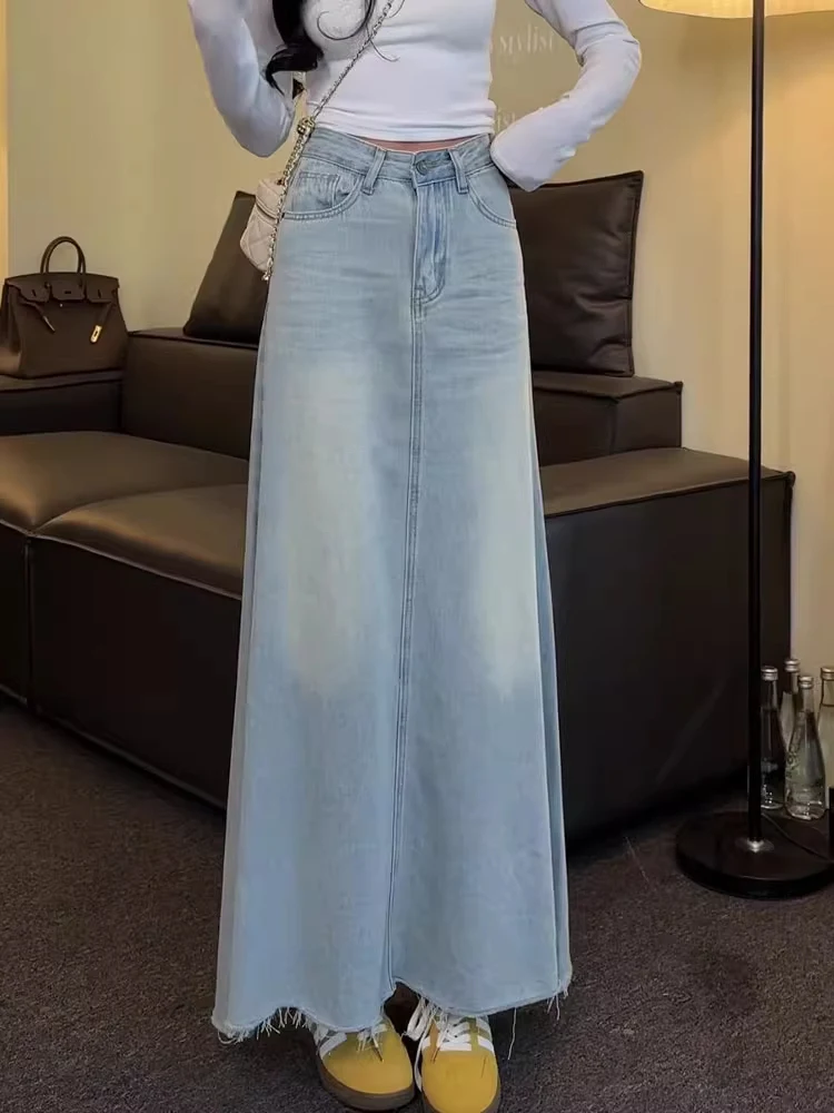 Luz azul cintura alta denim a linha saia feminina emagrecimento longo sle casual primavera outono nova chegada saias