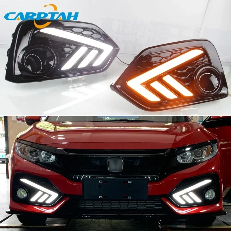 Car LED DRL Daylight For Honda Civic Hatchback 2016 - 2020  Yellow Turn Daytime Running Light Fog Lamp Auto Driving Headlamps