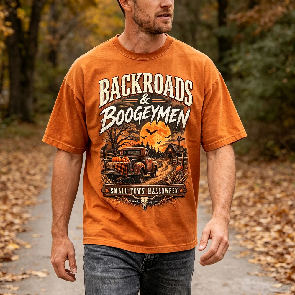 Men's Country Halloween Shirt Backroads & Boogeymen Tee Western Halloween T-Shirt Vintage Pumpkin Truck Shirt Spooky Season Gift