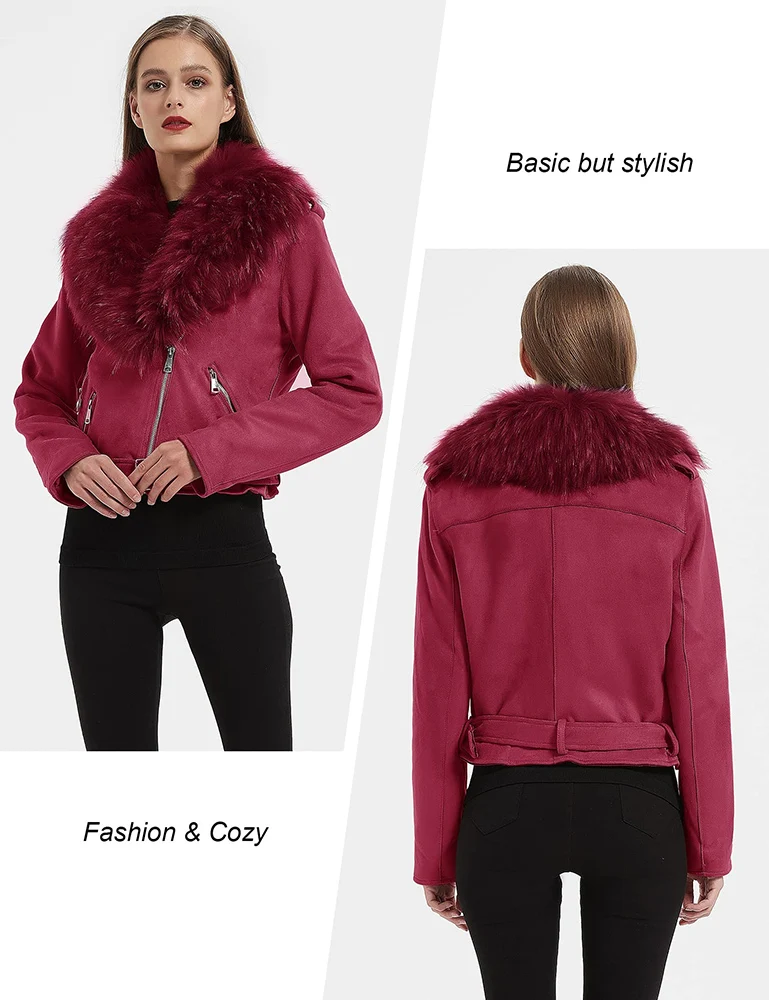 Giolshon Winter Women Faux Suede Jacket With Detachable Fur Collar Belt Lady Thick Warm Leather Jacket Casual Chic Moto Red Coat