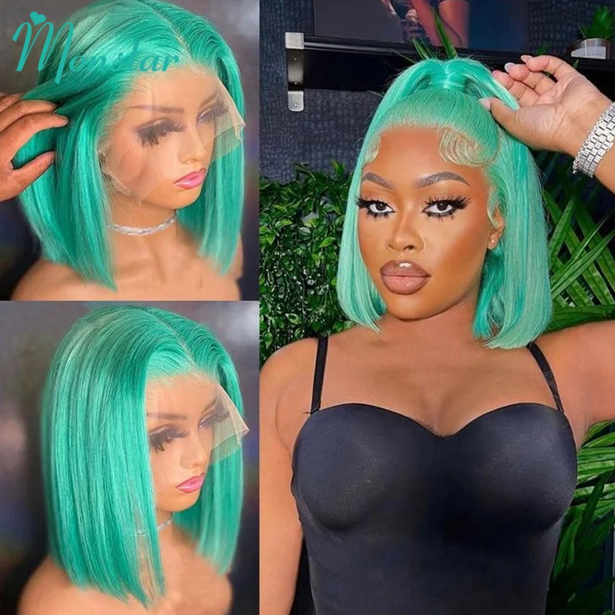 

Green Short Bob Frontal Wig Hd Lace Wig 13x6 Human Hair Raw Hair Vietnamese Bone Straight Colored Human Hair Wig For Black Women