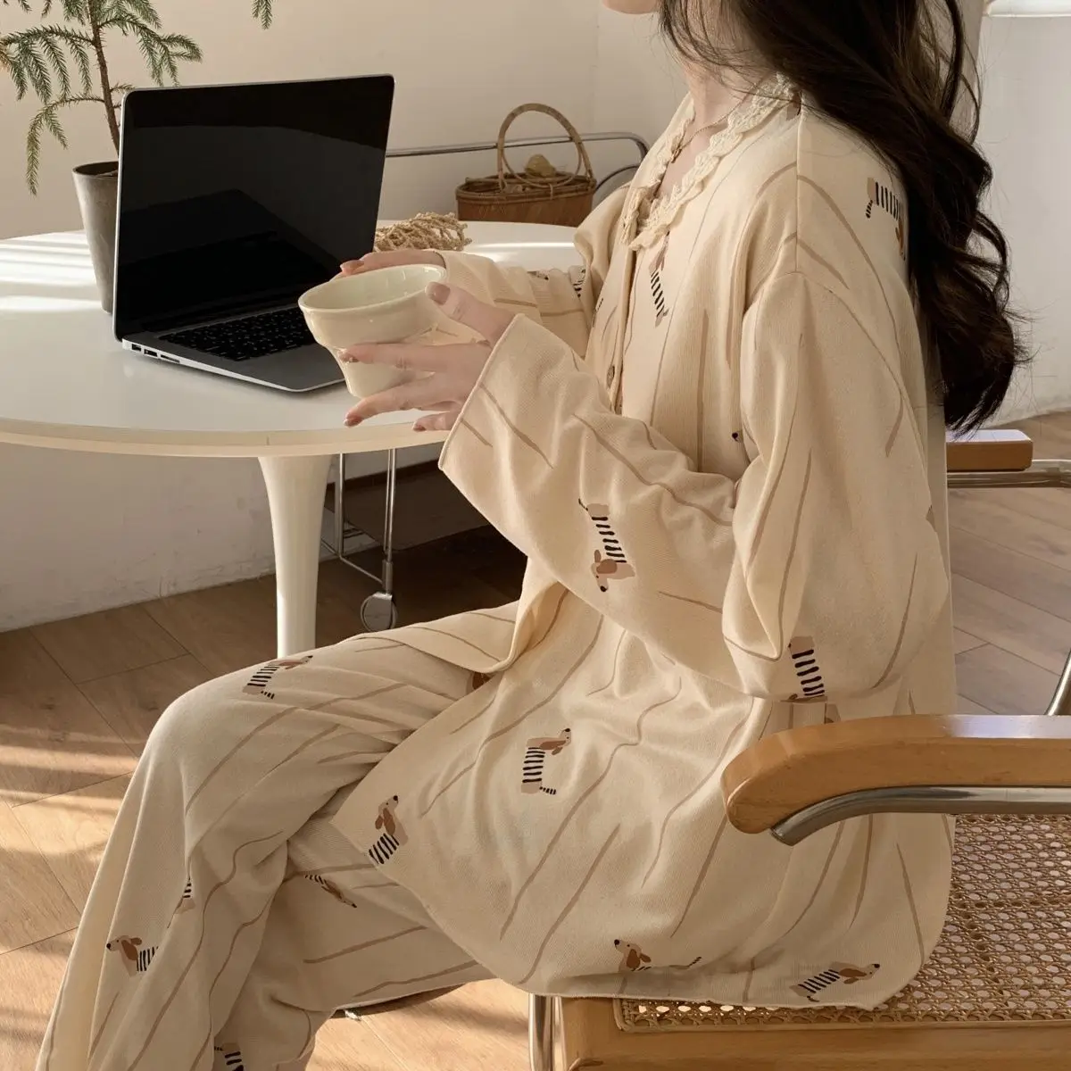 Pajamas Women Long Sleeve Casual Sweet Lace Cardigan Princess Style Ladies Homewear Set Puppy Soft