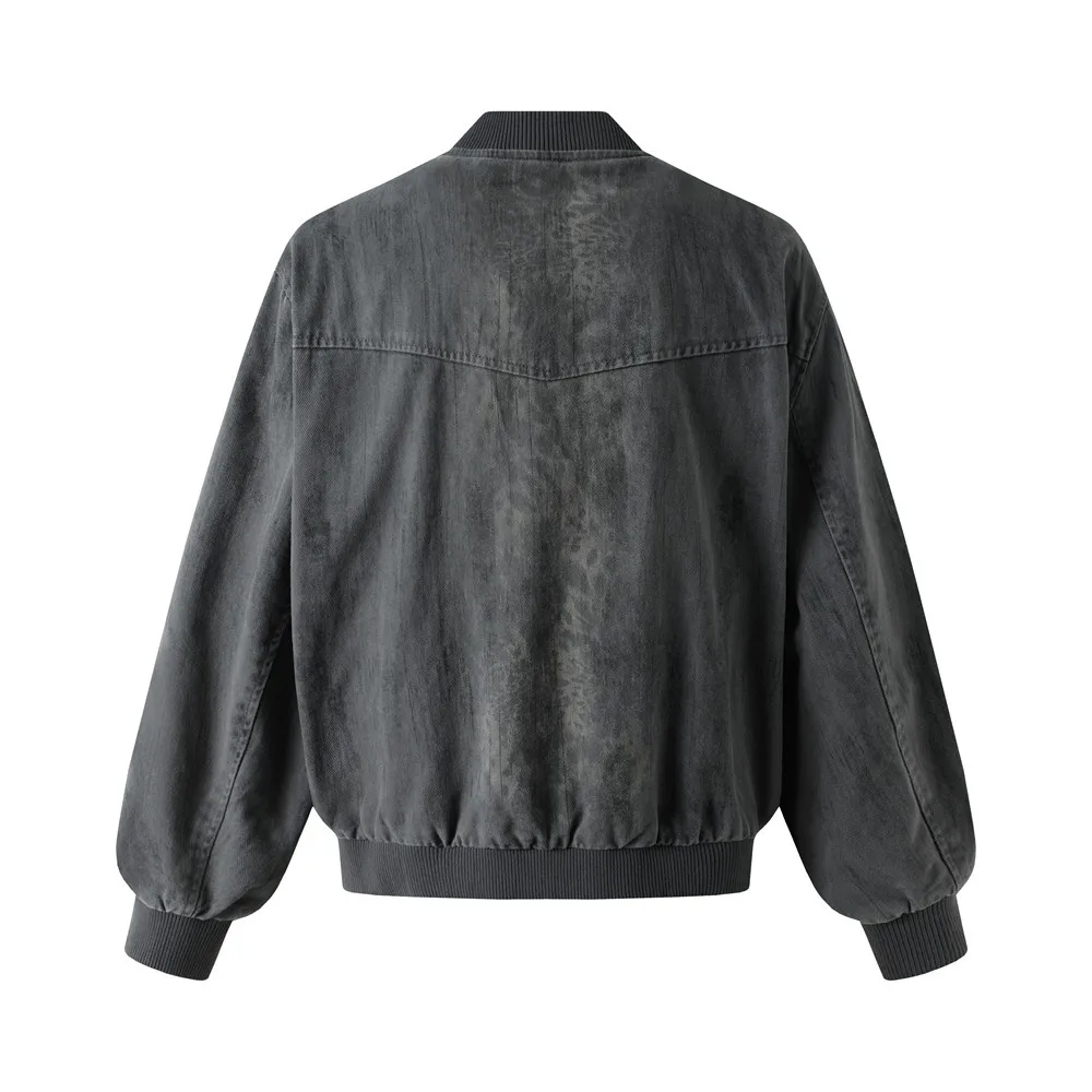 MWJLPWQ Washed Vintage Baseball Collar Work Jacket Men Spring Autumn Punk Deconstructed Patchwork Frayed Edge Loose Tops 21020
