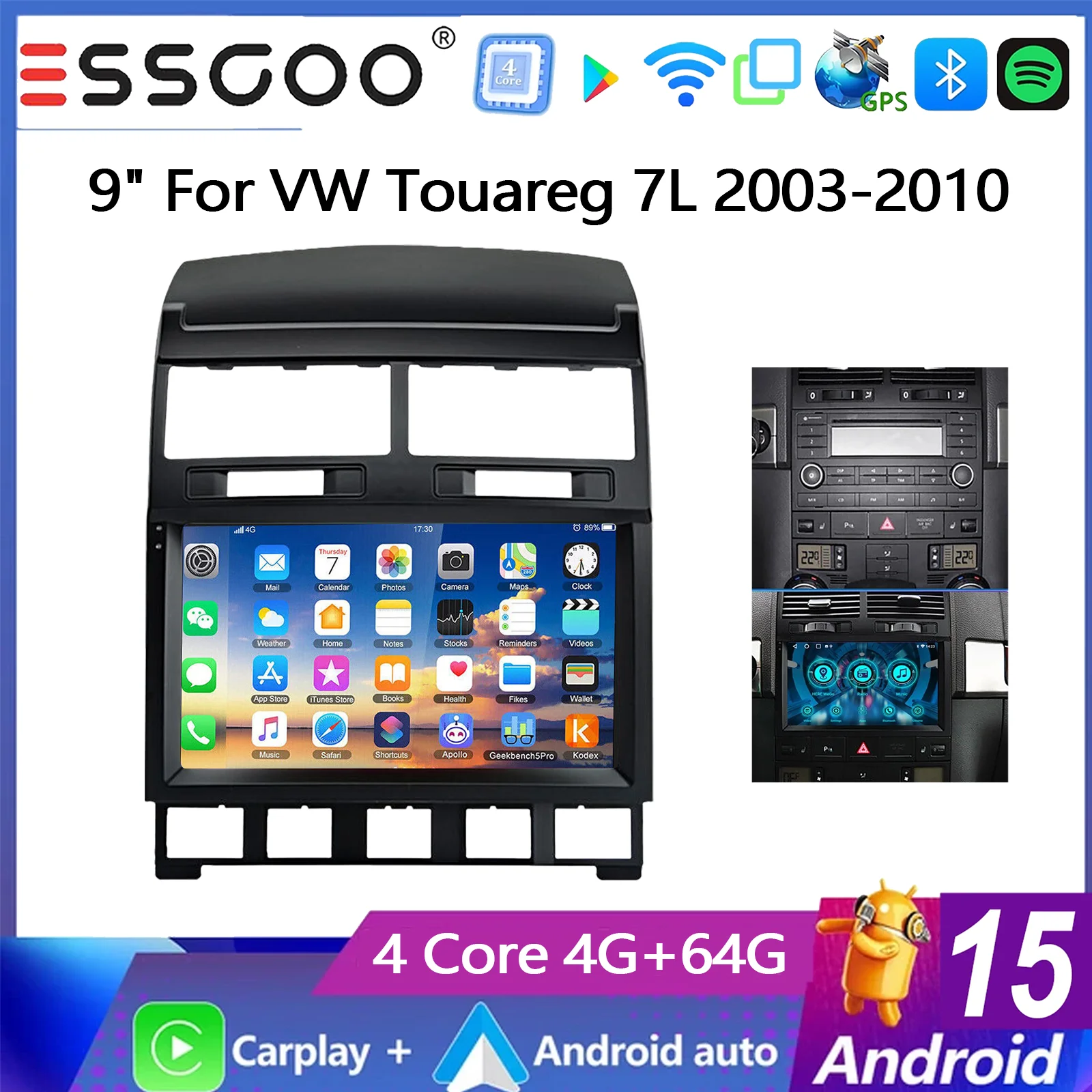 ESSGOO 9 Zoll 4+64G Autoradio für VW Touareg 7L 2003-2010 Android 15 GPS Navigation Wireless Carplay Android Auto FM Bluetooth RDS SWC Wifi ASP Mirror Link IPS Touchscreen Multimedia Videoplayer Head Unit