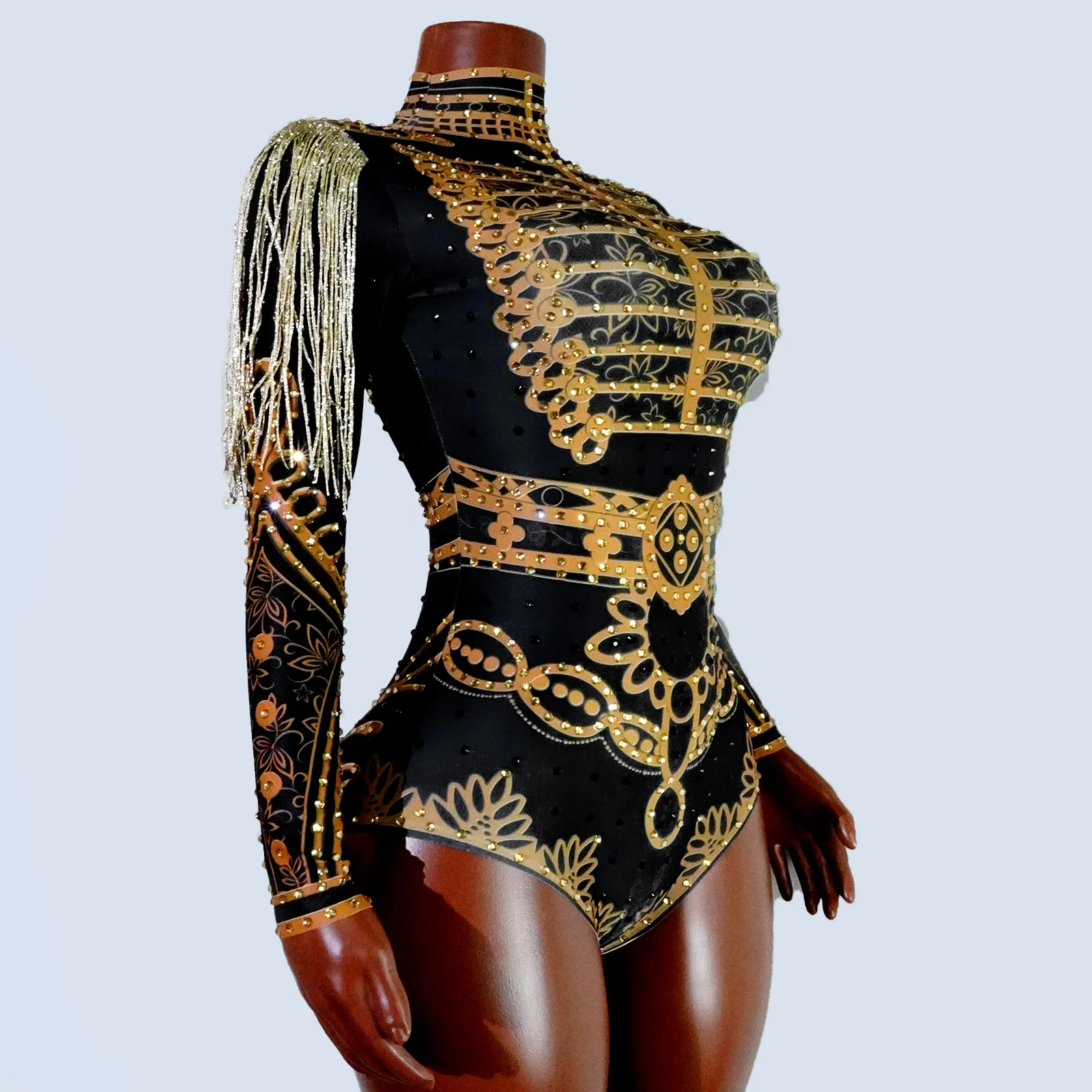 

Showgirls Costumes Sparkly Gold Rhinestones Bodysuit Printed Show Stage Dance Outfits Wear Party Nightclub Drag Queen Costume