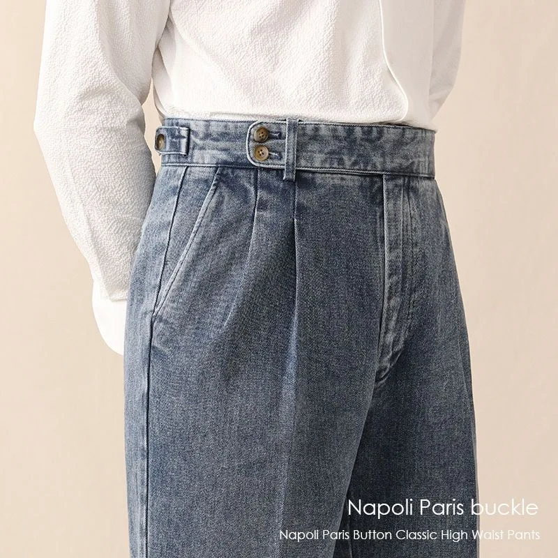 

Fashion Vintage Men Naples Jeans Pants British Styles Waist Buckle Naples Trousers Autumn Business Gentleman Casual Denim Pants