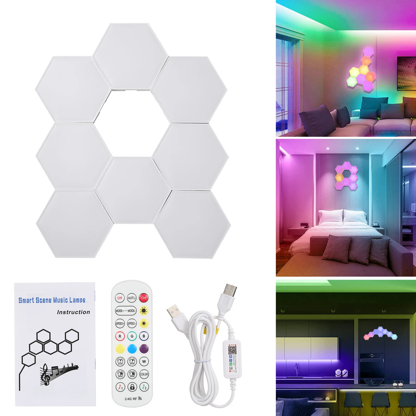 8PCS BT Connected RGB Hexagon Light Ambient Lamp Wall Decorative Lighting with Controller Supported Phones App Line Controller