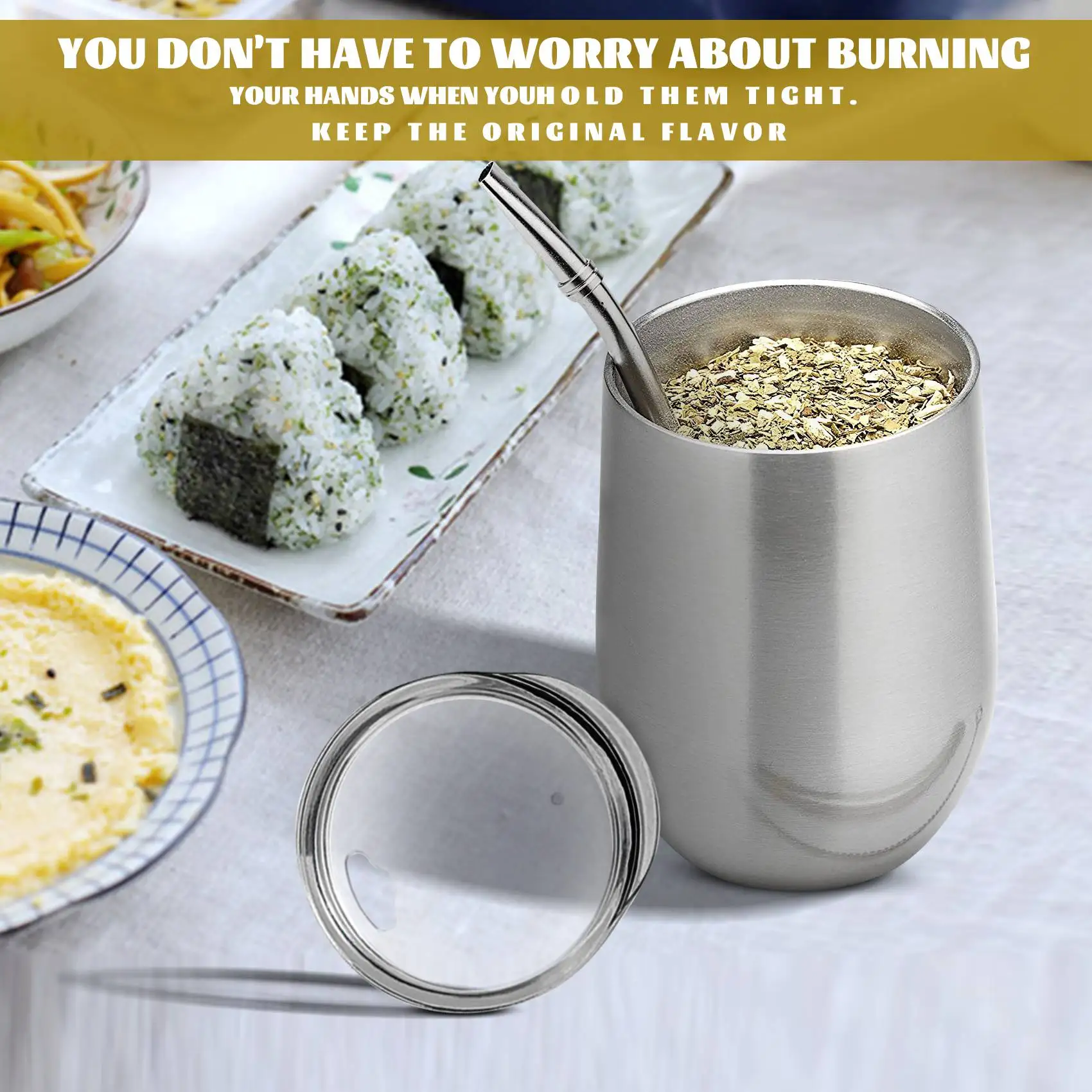 Yerba Mate Gourd Tea Cup Set 12Oz,Double-Wall Stainless Coffee Water Cup with Lid 2 Bombillas Straws Spoon&Brush,Silver