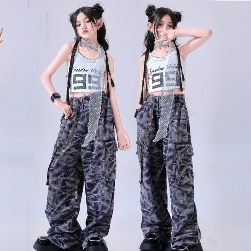 

Girls K-pop Crop Top Print Joggers Pants Girl Group Clothes Sets Kids Jazz Street Dance Costumes Children Hip Hop Streetwear