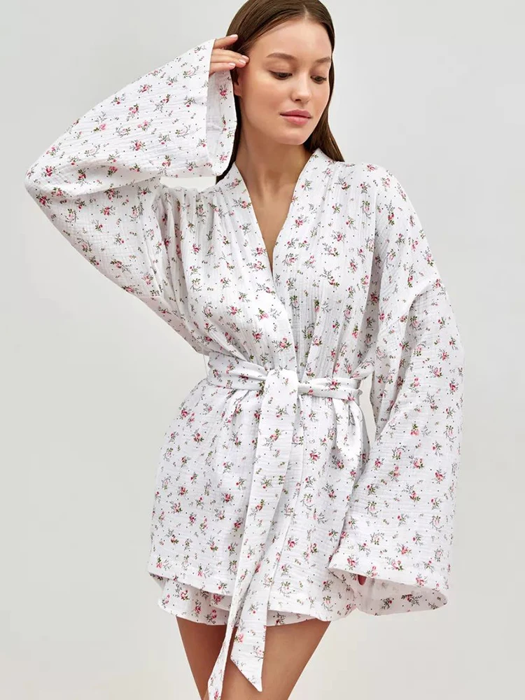 Linad Cotton Women\'s Home Clothes 2 Piece Sets Print Long Sleeve Sleepwear Sashes Female Casual Suits With Shorts Summer 2024