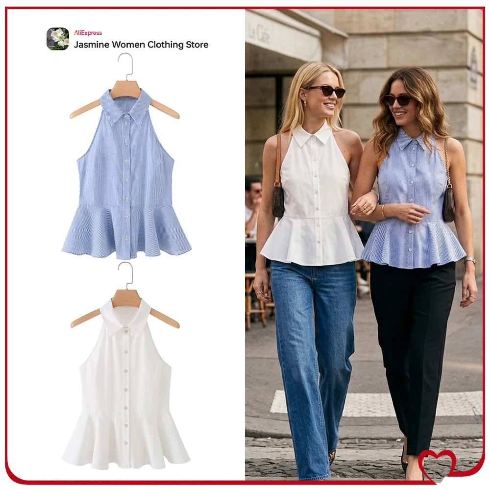 Elegant Fashion Women Cotton Striped Peplum Halter Shirts New Summer Comfy Halter Neck Buttoned Shirts with Lapel and A-line Hem