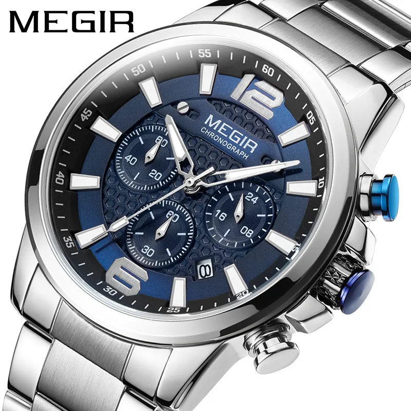 MEGIR 2156 Men Quartz Watch Luxury Cool Business Waterproof Luminous Chronograph Stainless Silvery Steel Wristwatch for Male