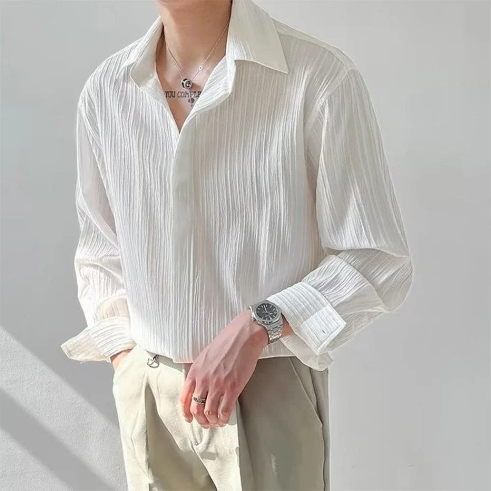 

Men's Luxury Suit Collar Texture Shirt Vintage Casual Drapped Solid Color Button-down Long Sleeve Shirts for Men Spring Clothing