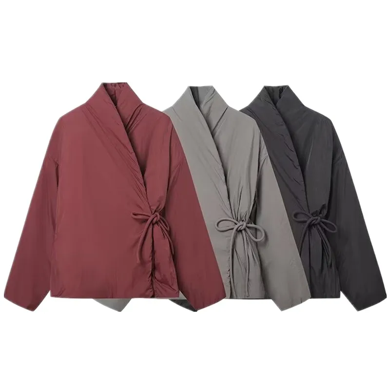 سترة نسائية قطنية على طراز الكيمونو بربطة عنق وياقة عالية، أزياء جديدة للخريف والشتاء، ملابس خارجية قصيرة للسيدات بأسلوب أوروبي