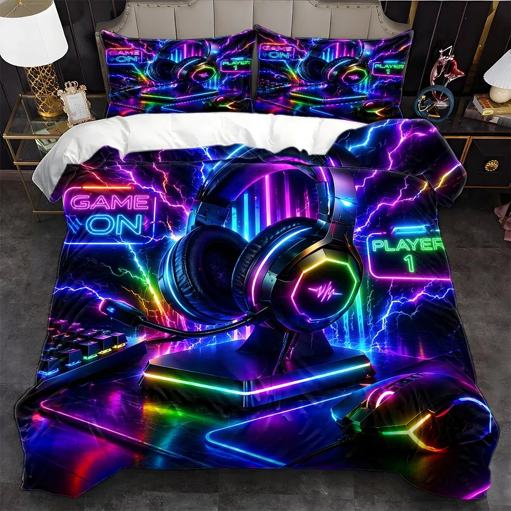 3Pc E-Sports Neon Style Duvet Cover Set, Three-Piece Bedding Set (1*Duvet Cover + 2*Pillowcases), Suitable for All Seasons, Machine Washable, Invisible Zipper Design, Suitable for Home, Dormitory, Master Bedroom, Guest Room, Large Double Bed Cover Set, Colorful Gaming-Themed Bedding, E-Sports Themed Bedding Set, Trendy Bedroom Decor Bedding, Comfortable and Skin-Friendly Bedding Set, Bedding Set with 2D Flat Print
