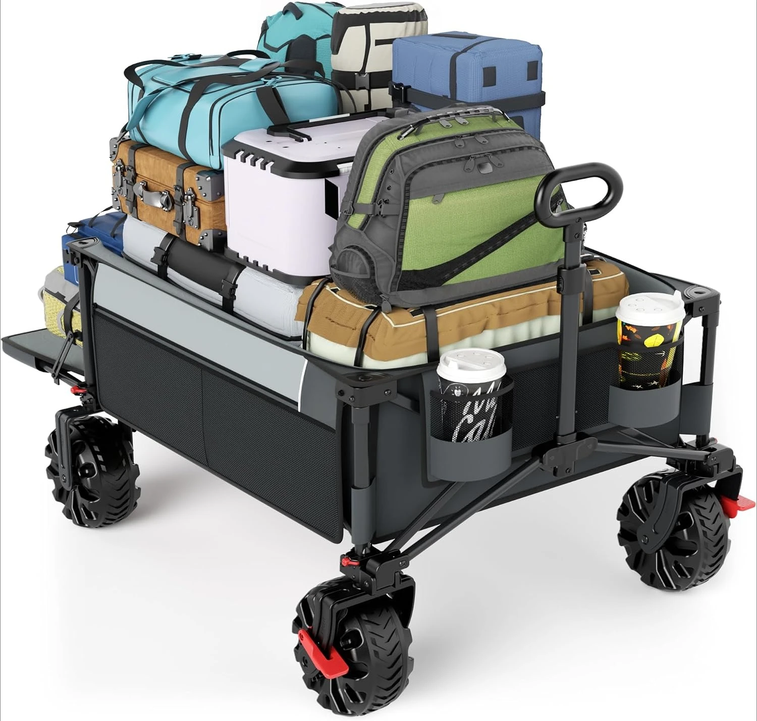 Pull Cart Fold - 特大ヘビーデューティーワゴンカート、ドロップダウンテールゲート、カーゴネット、大型ホイール、折りたたみ式ユーティリティ、ビーチ、キャンプ、食料品、プルカート、収納、アウトドア家具、グレー