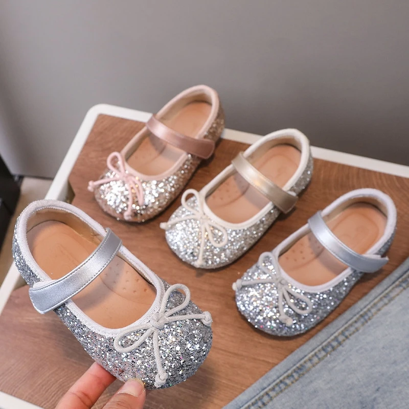 

Shining Sequins Baby Girl's Ballet Shoes Fashion Bow Princess Crystal Shoes Mary Jane Protect Arch Insole Children's Flat Shoes