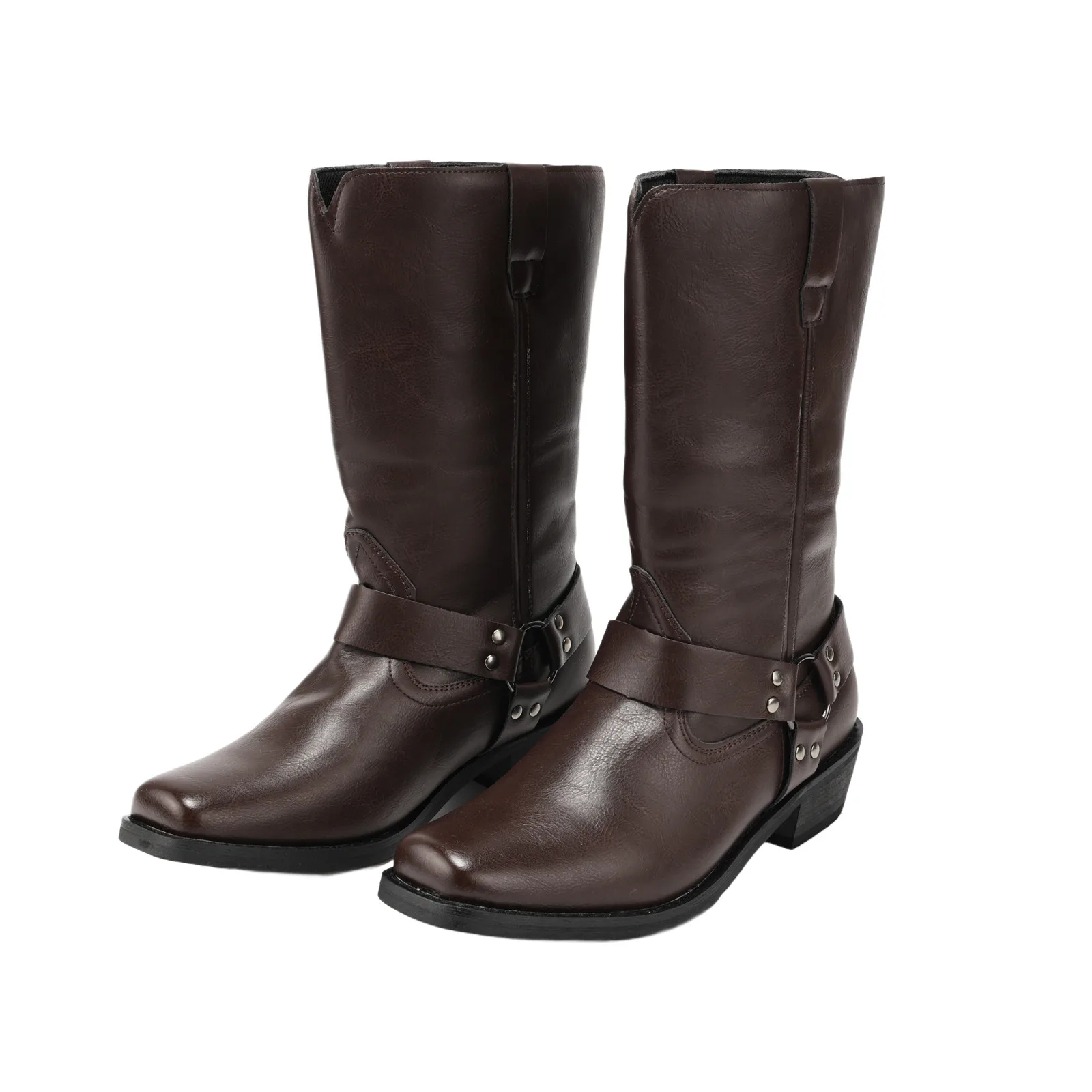 Botas de equitação retrô masculinas, botas de cowboy ocidentais, couro pu fosco, fivela de cinto, rebite, salto de madeira, sola de borracha