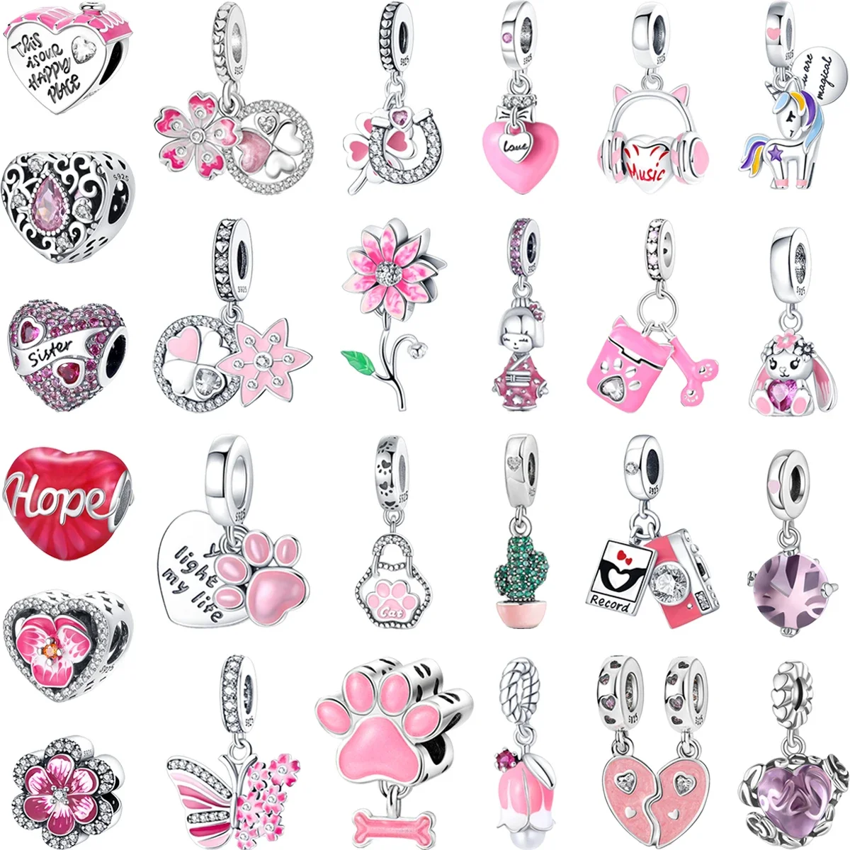 

Original 925 Sterling Silver Charms Pink Headphone Heart Flower Beaded Pendant for Pandora DIY Bracelet Ladies Jewellery Gift