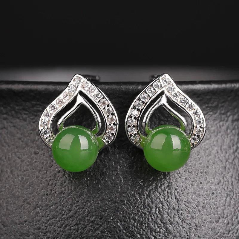 

New Chinese Style Retro Hetian Jade Earrings with Certificate 925 Sterling Silver Inlaid Green Round Bead Jade Stud Earrings