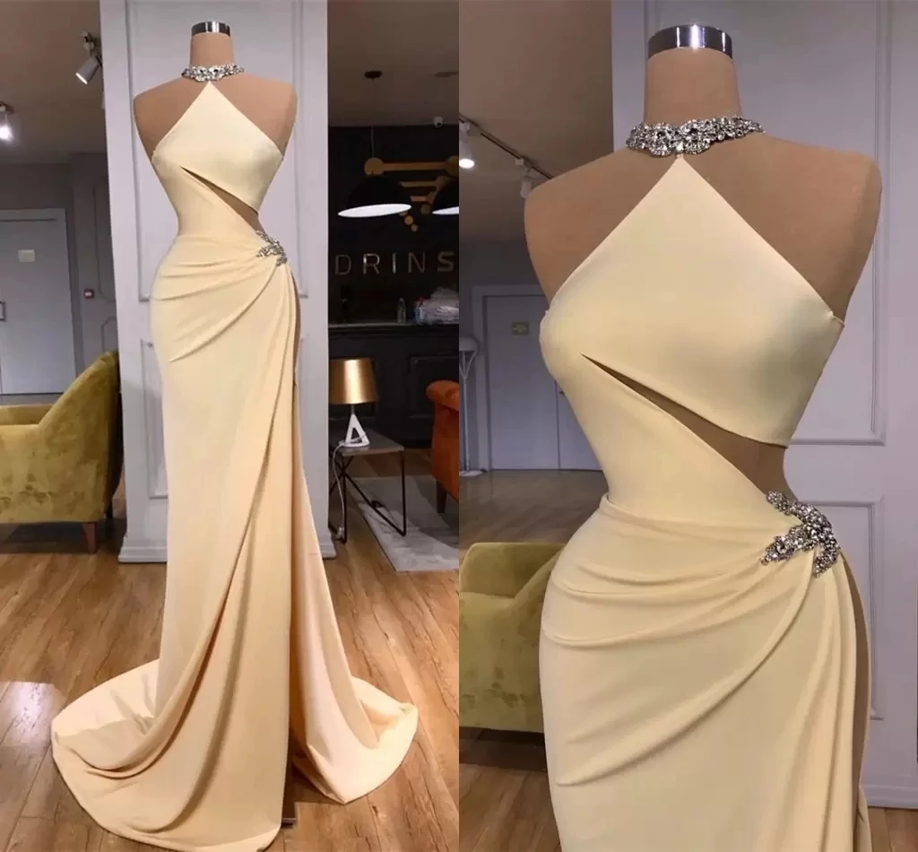 Sleeveless Long Evening Dresses Sexy Backless Cutaway Sides Beads Sequins High Split Prom Party Gowns Robe