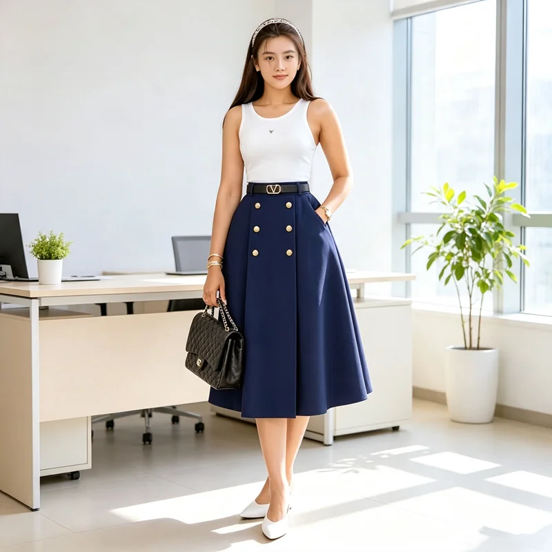 Office Business Casual Bottoms Elegant Summer Women Midi A Line Skirt Chic Solid Color High Waist Button Flared Skirt