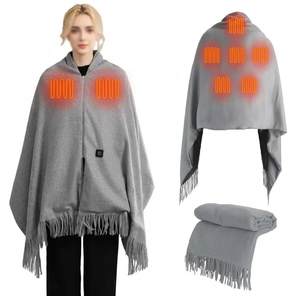 Heated Shawl Wrap 8 Pads USB Rechargeable Solid Color Warm Scarf Electric Heating Blanket For Winter Outdoor Camping & Fishing