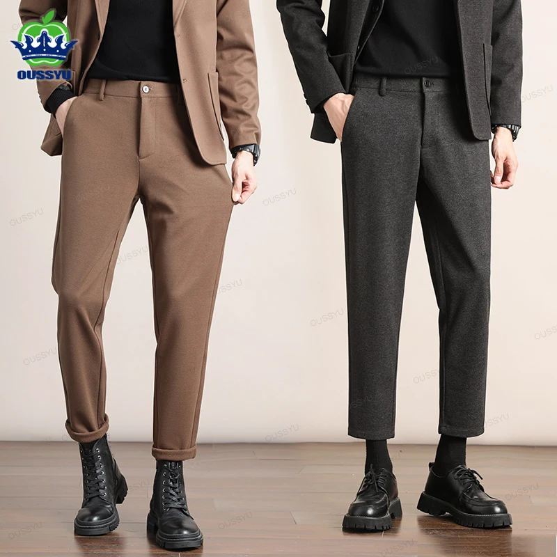 Brand Clothing Autumn Winter Luxury Suit Pants Men Thick Business Elastic Waist Woolen Ankle Pant Korean Formal Long Trousers