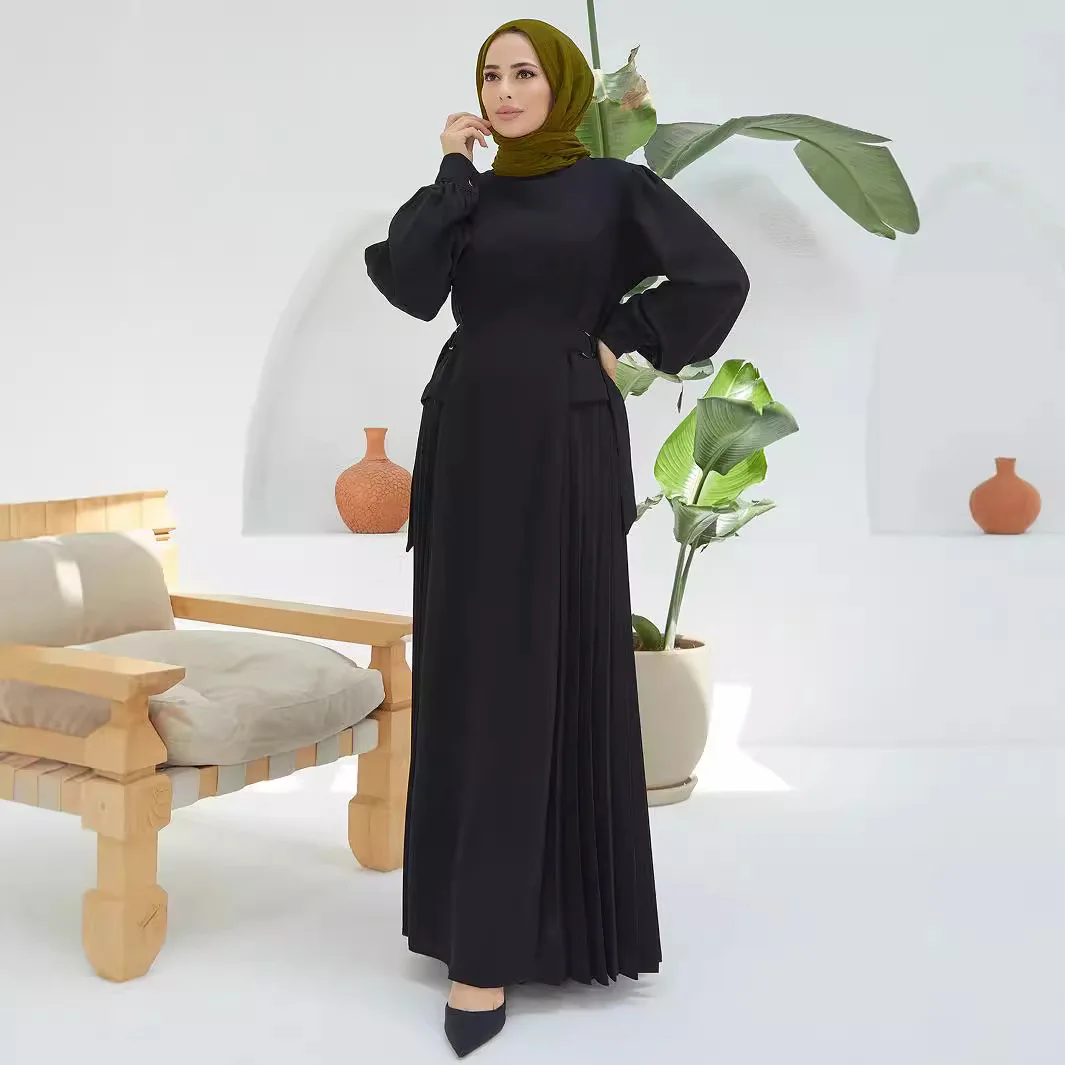 Elegant Women Muslim Abaya Pleated Long Maxi Dress Waist In Turkey Kaftan Arab Robe Islamic Eid Party Ramadan Jalabiya Vestidos