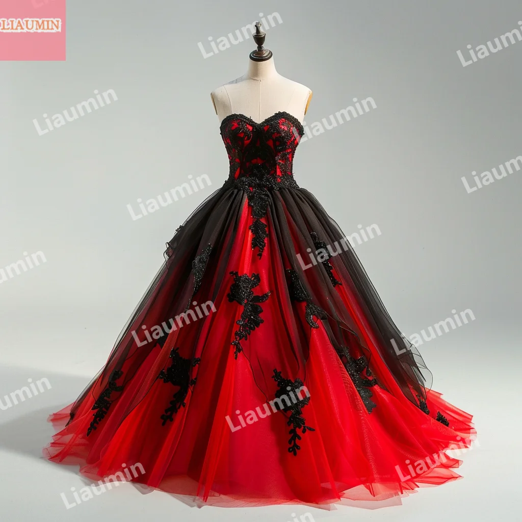 Custom Made Red Tulle Black Lace Applique Ball Gown Strapless Prom Dress Floor Length Evening Formal Party Clothing W15-51.14