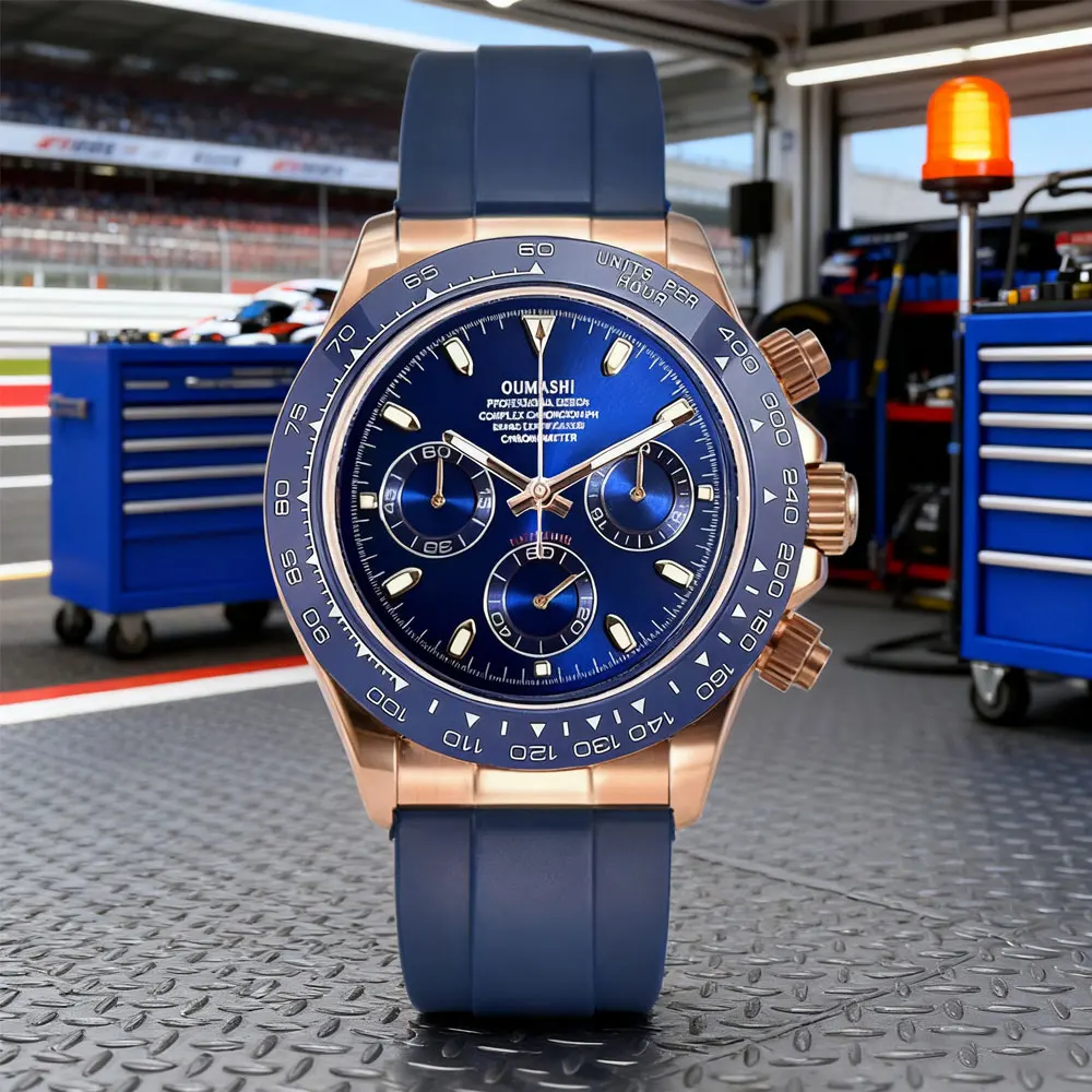 VK63 Men's Chronograph Watch VK63 Movement Rose Gold Case Blue Dial VK63 Men's Chronograph Watch Customized Watch