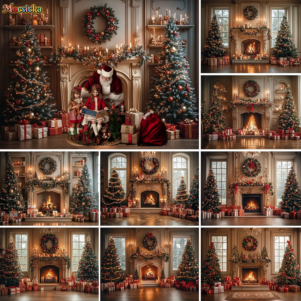 Christmas Fireplace Photography Background Xmas Tree Wreath Candle Gift Rtro Room Backdrop Family Kid Santa Portrait PhotoStudio