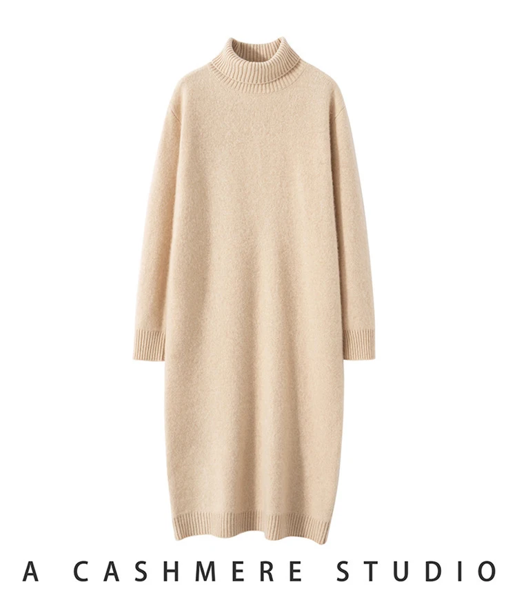 Cashmere Autumn and Winter New Women's Semi-turtleneck Dress Cover Cashmere Long knitted Loose Dress Soft Light and Comfortable