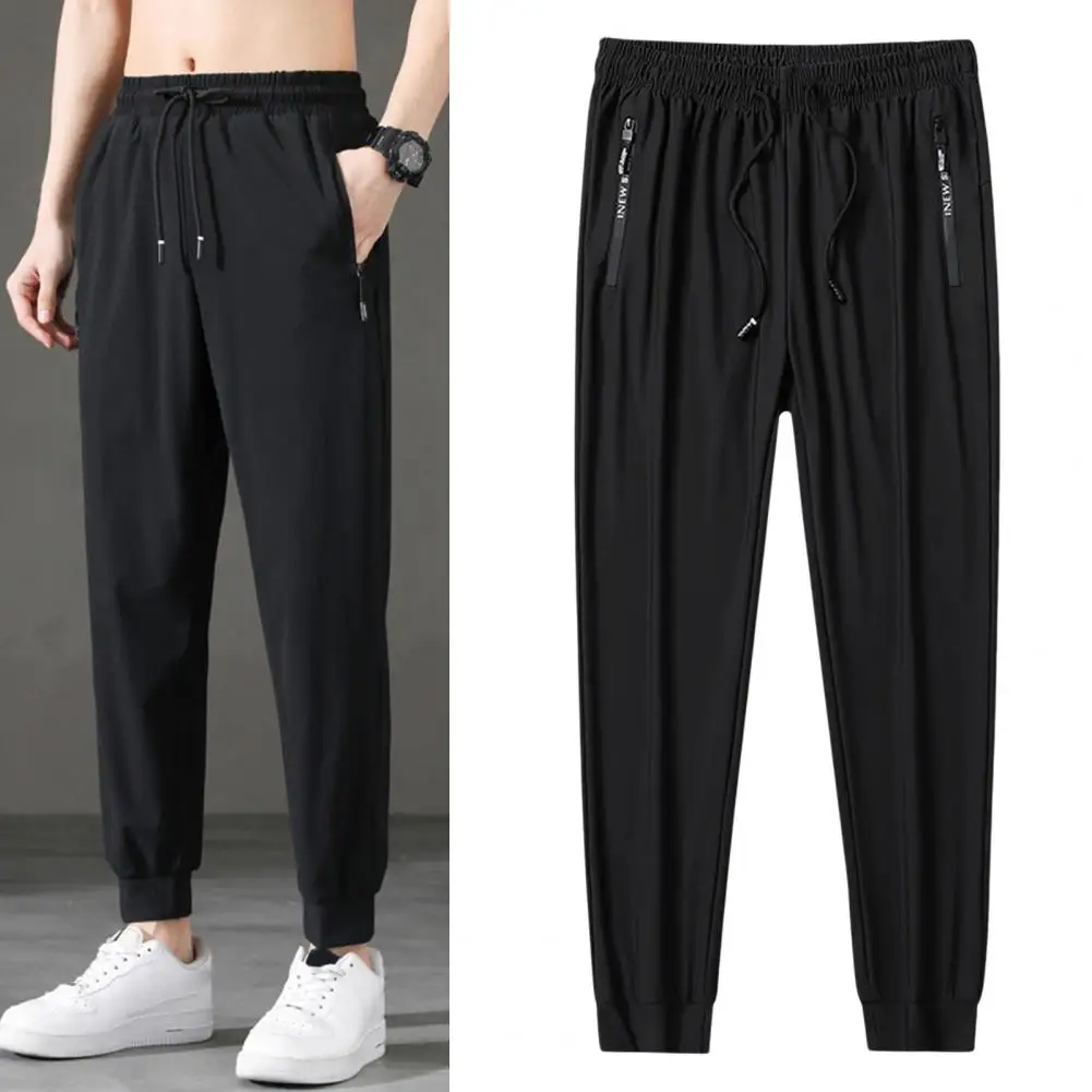 

Mid-rise Men Pants Elastic Waistband Drawstring Pockets Letter Print Sport Pants Summer Ice Silk Thin Jogging Sweatpants Trouses