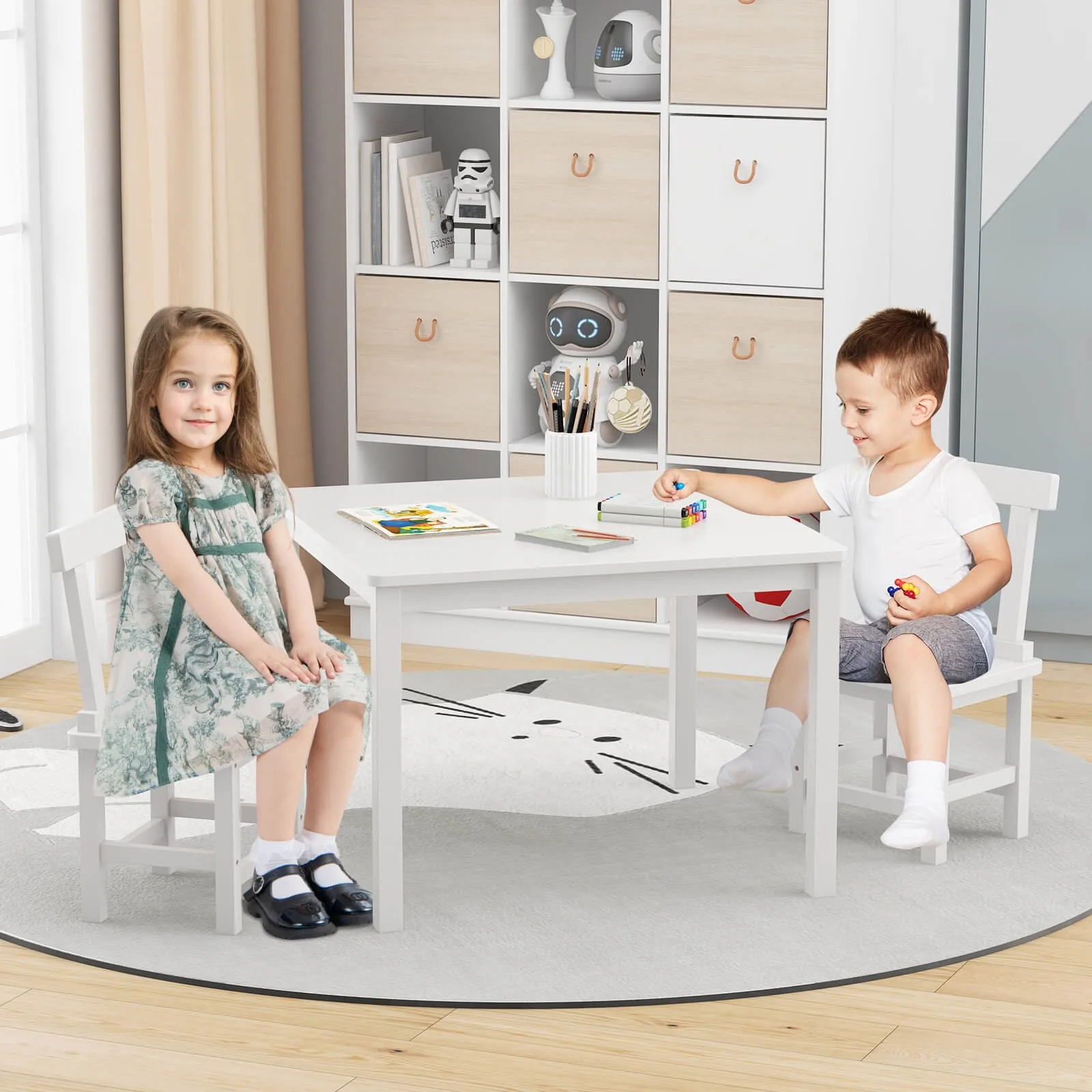 

Wooden Kids Table and 2 Chairs Set with Rubber Wood Legs Anti-slip Foot Pads