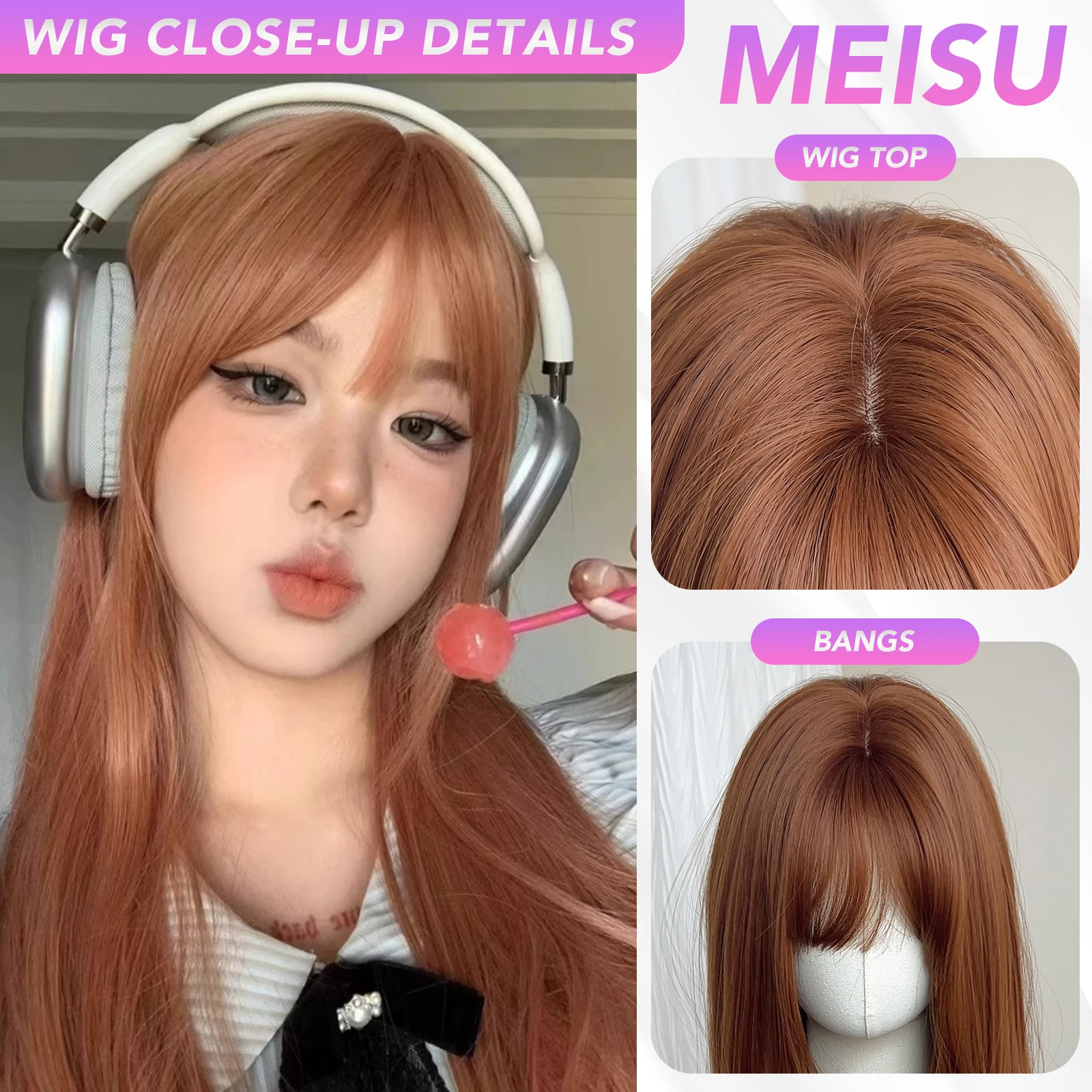 MEISU 26 بوصة الاصطناعية شعر مستعار مستقيم الانفجارات الهوائية الشعر البرتقالي مقاومة للحرارة الطبيعية وسلسة ارتداء اليومي للنساء